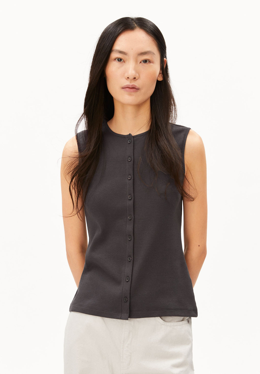 Rib Button Top Dark Steel