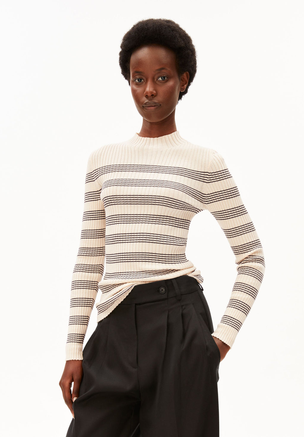 Alaania Striped Knit Sweater Oatmilk-Black