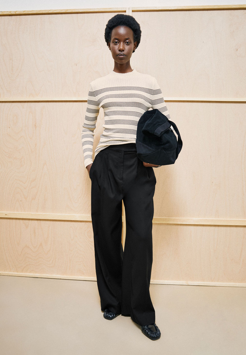 Alaania Striped Knit Sweater Oatmilk-Black