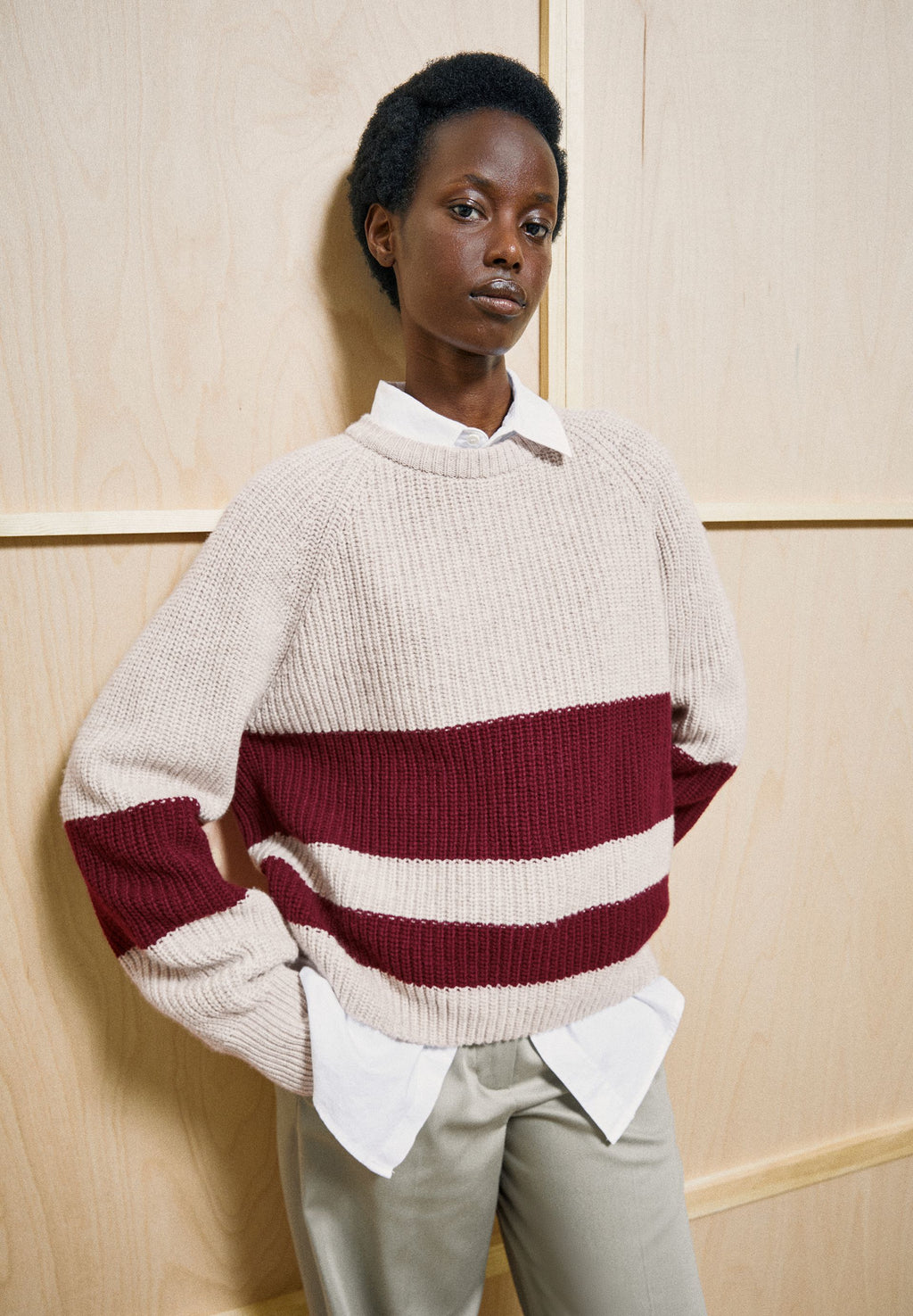 Rib Striped Knit Sweater Honey Melange-Velvet Red