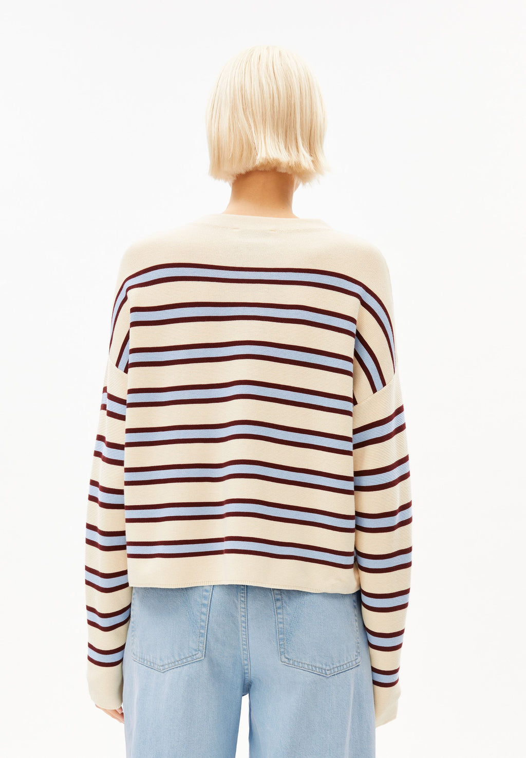 Merinaa Striped Knit Sweater Oatmilk-Velvet Red-Soft Blue